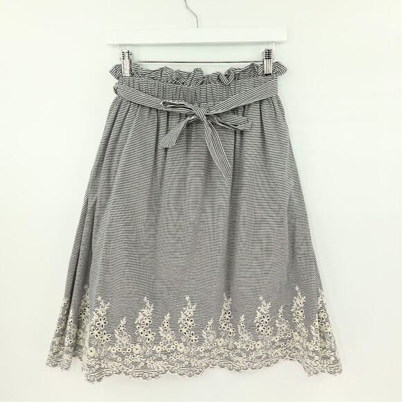 Women Skirt Small Blue Striped Floral Eyelet Bow Nautical Cottage Coquette - Picture 2 of 14